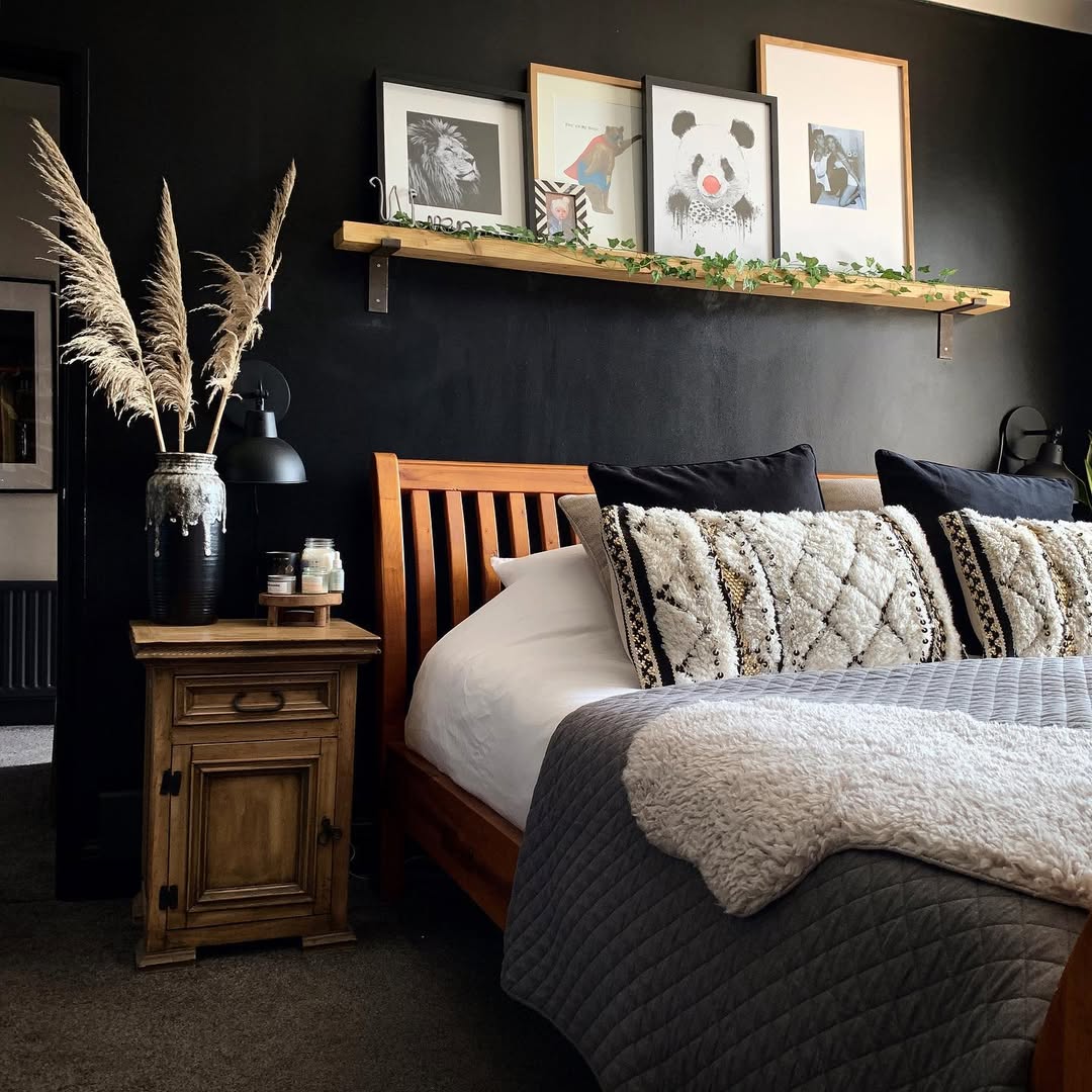 Warm Up Dark Walls with a Wooden Bed Frame