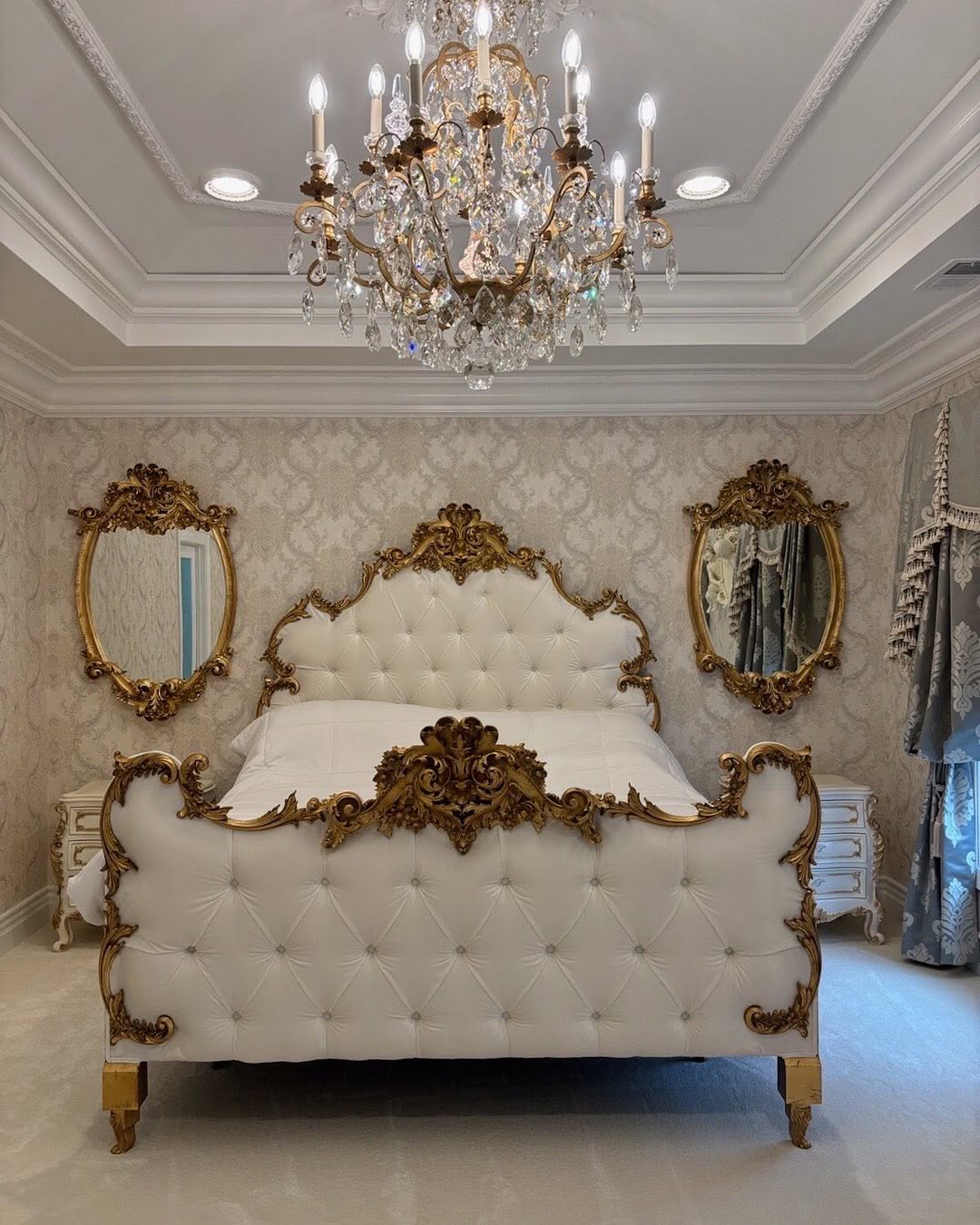 Ornate Gold Trim Frames Tufted White Bed