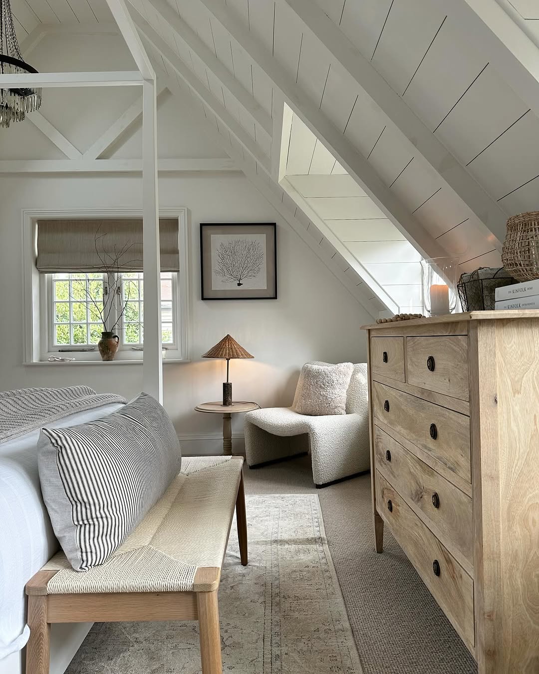 Wooden Dresser Adds Natural Texture and Warmth to Neutral Bedroom