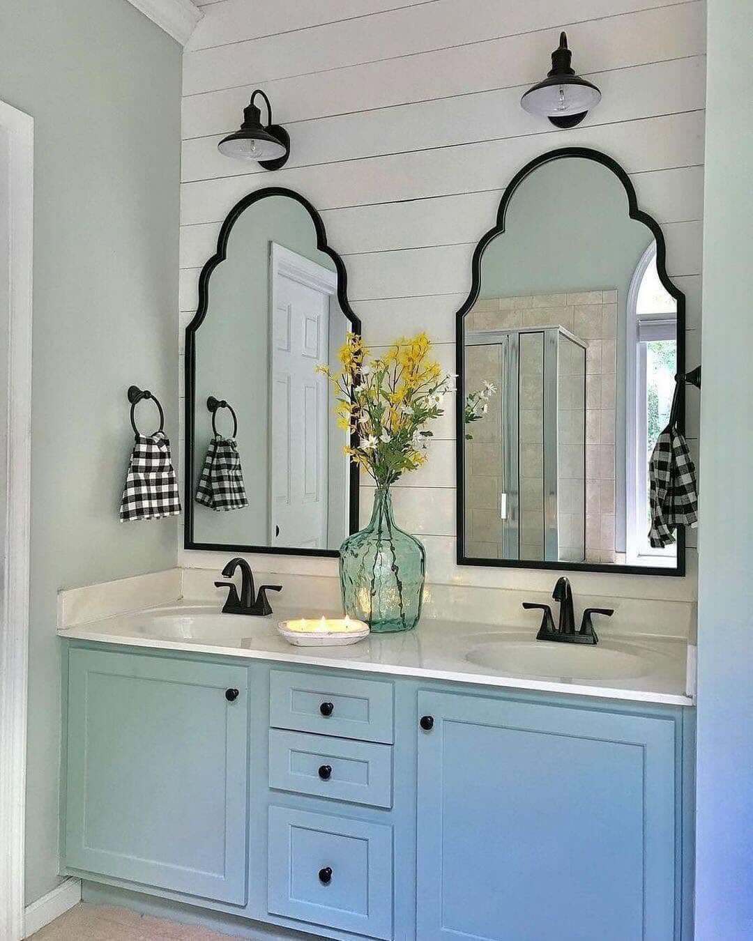 Scalloped Mirrors Frame Shiplap Walls With Black Accents