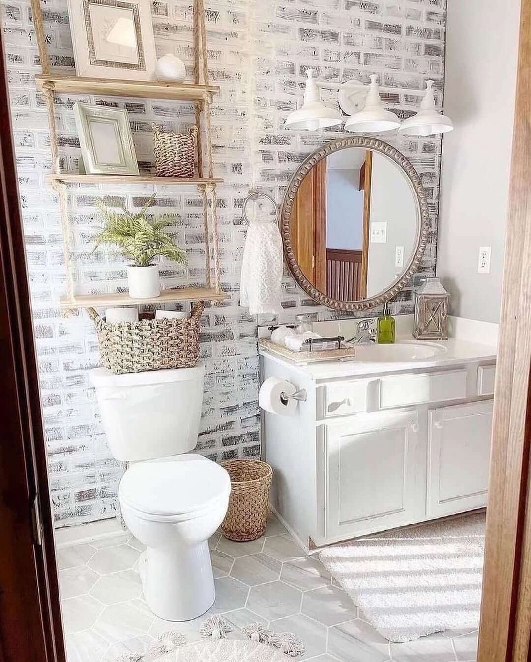 Rope-Hung Shelving Adds Open Storage Above the Toilet