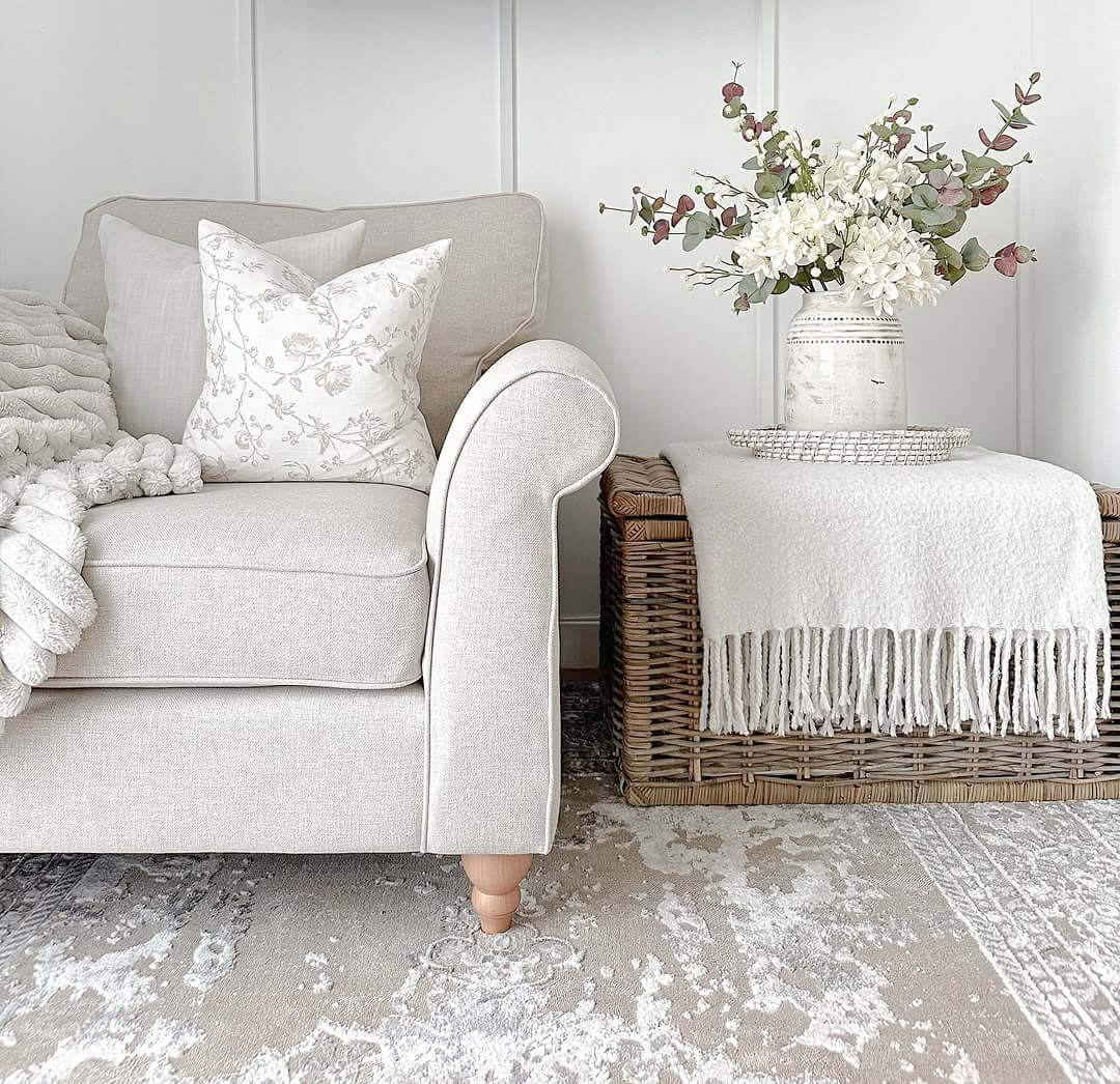 Woven Storage Ottoman Adds Natural Texture Beside Sofa