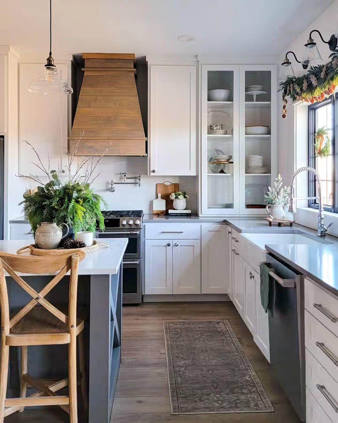 Wooden Range Hood Adds Natural Warmth to White Cabinets