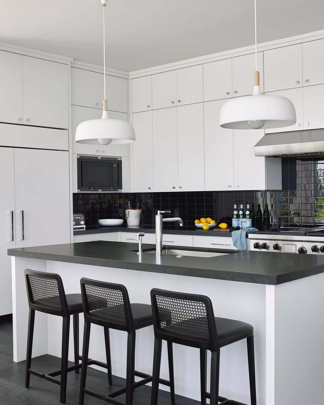 Dome Pendant Lights With Wood Accents Soften White Cabinets