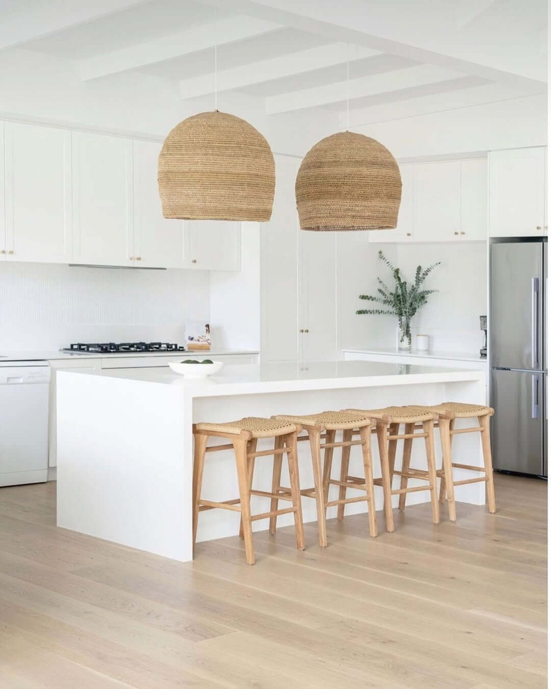 Woven Pendant Lights Add Natural Texture Above the Island