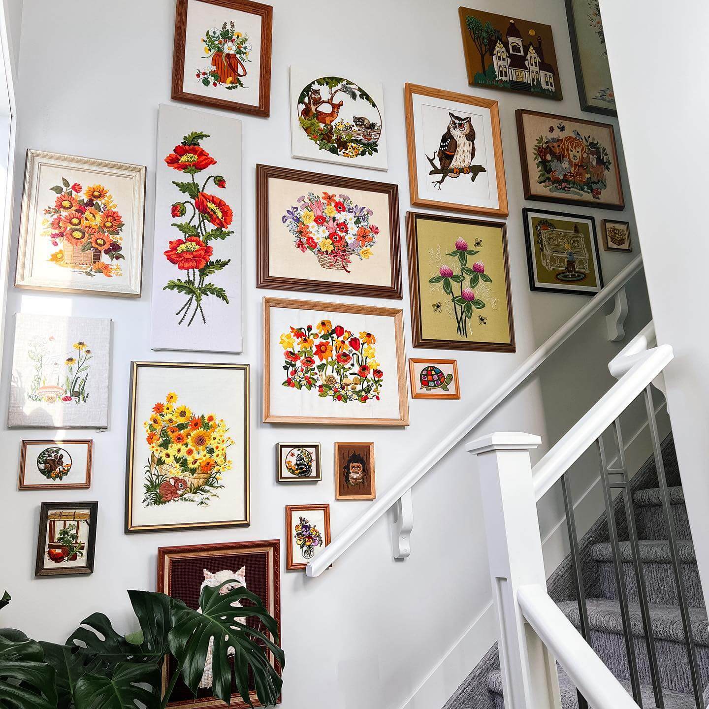 Framed Floral Embroidery for Staircase Walls