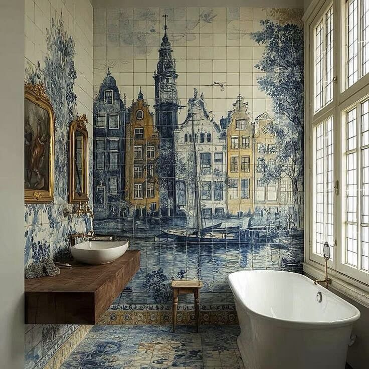 Historic Cityscape Tile Mural Creates a Captivating Bathroom Focal Point