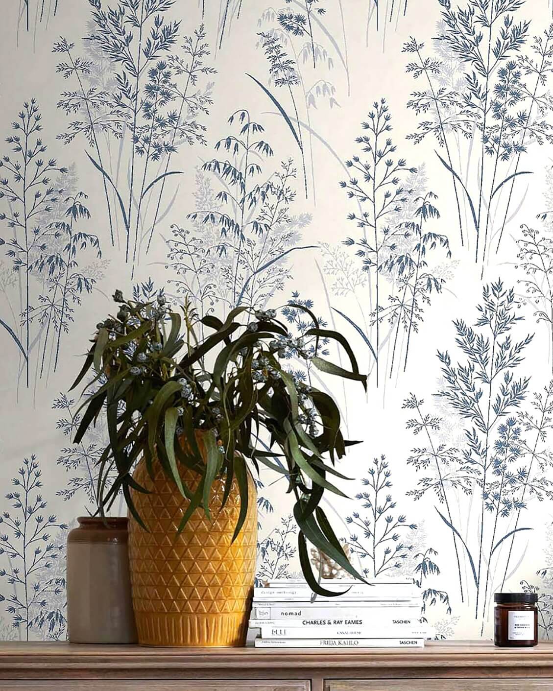 Botanical Wallpaper Adds Natural Texture To A Shelf Display